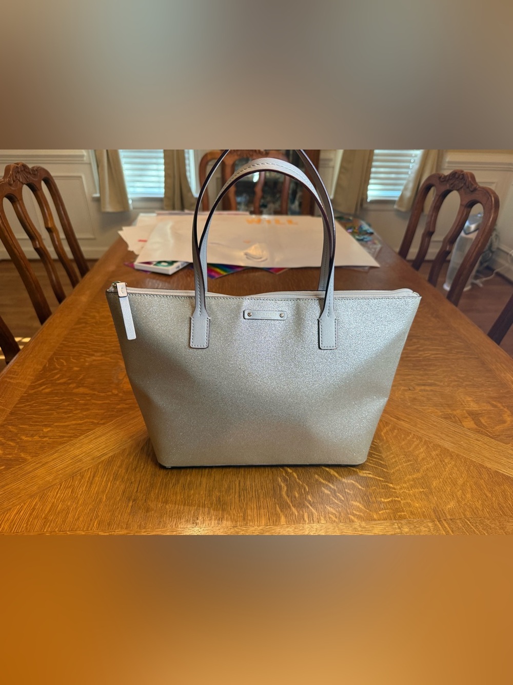kate spade silver glitter tote with silver handles
